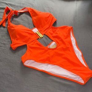 Hilinkek Cutout One Piece Swimsuit Orange Halter Size M NWT #575